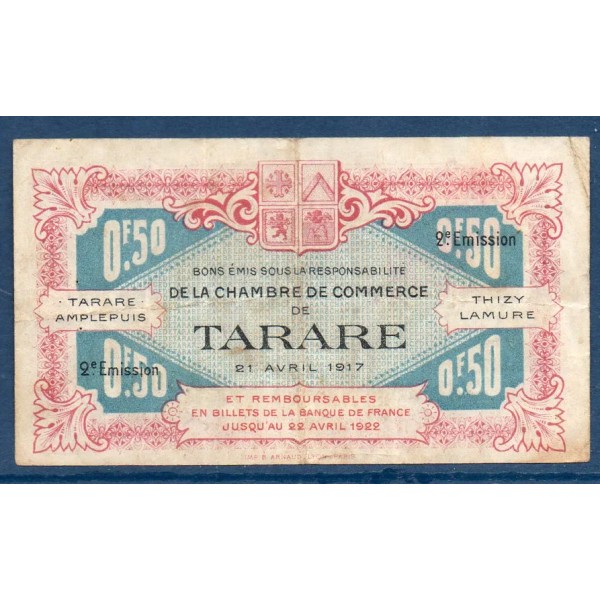 Tarare 50 centimes, TB, 21.4.1917 Pirot 119.23 Billet de la chambre de commerce