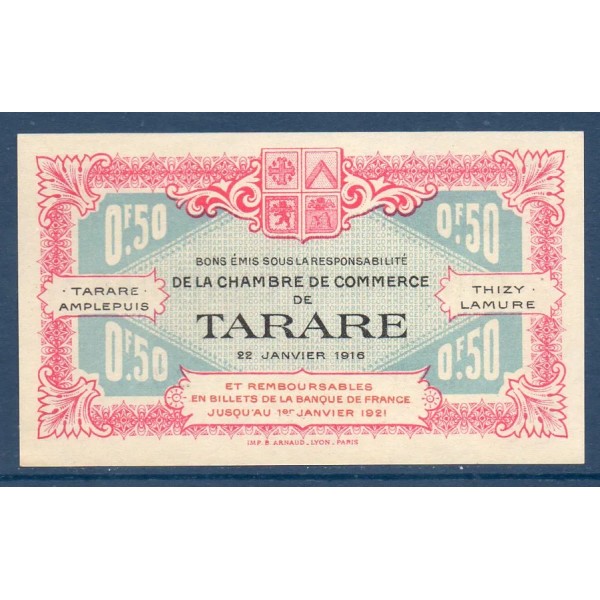 Tarare 50 centimes, Neuf, 22.1.1916 Pirot 119.16 Billet de la chambre de commerce