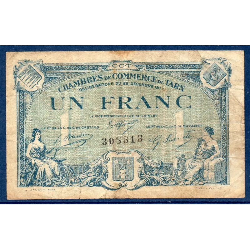 Albi et Castres Mazamet 1 franc, TB, 22.12.1917 Pirot 5.13 Billet de la chambre de commerce Albi et Castres Mazamet 1 franc, TB, 22.12.1917 Pirot 5.13 Billet de la chambre de commerce
