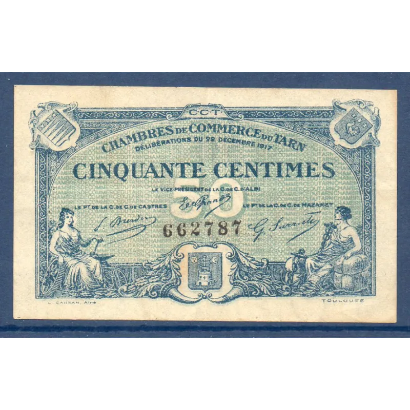 Albi et Castres Mazamet 50 centimes, TB+, 22.12.1917 Pirot 5.9 Billet de la chambre de commerce Albi et Castres Mazamet 50 centimes, TB+, 22.12.1917 Pirot 5.9 Billet de la chambre de commerce