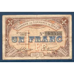 Sens 1 franc, TTB, 12.8.1920 Pirot 118.12 Billet de la chambre de commerce