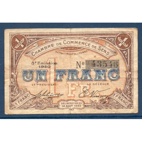 Sens 1 franc, TTB, 12.8.1920 Pirot 118.12 Billet de la chambre de commerce