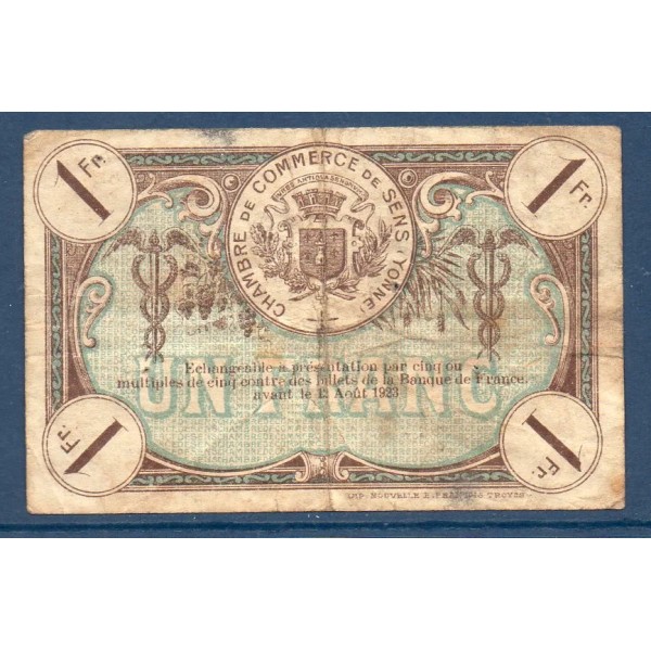 Sens 1 franc, TTB, 12.8.1920 Pirot 118.12 Billet de la chambre de commerce