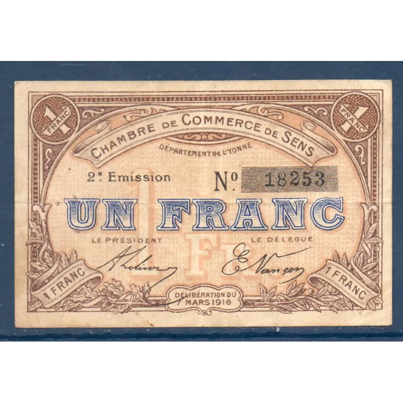 Sens 1 franc, TTB-, 7.3.1916 Pirot 118.4 Billet de la chambre de commerce Sens 1 franc, TTB-, 7.3.1916 Pirot 118.4 Billet de la chambre de commerce