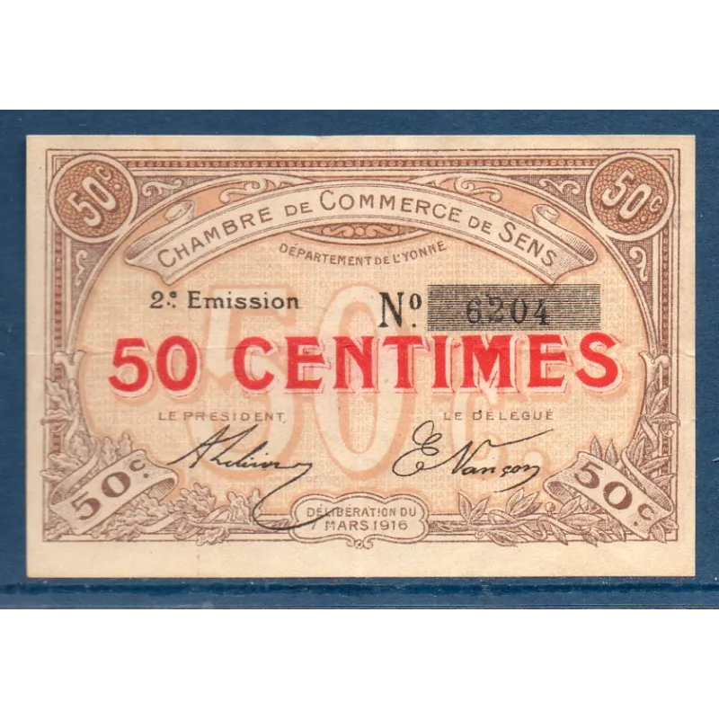 Sens 50 centimes, TTB, 7.3.1916 Pirot 118.2 Billet de la chambre de commerce Sens 50 centimes, TTB, 7.3.1916 Pirot 118.2 Billet de la chambre de commerce