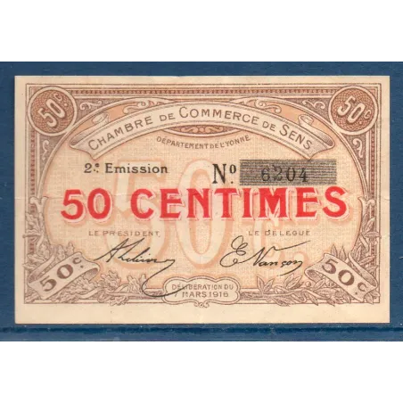 Sens 50 centimes, TTB, 7.3.1916 Pirot 118.2 Billet de la chambre de commerce