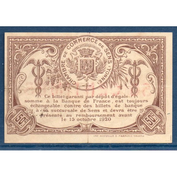 Sens 50 centimes, TTB, 7.3.1916 Pirot 118.2 Billet de la chambre de commerce