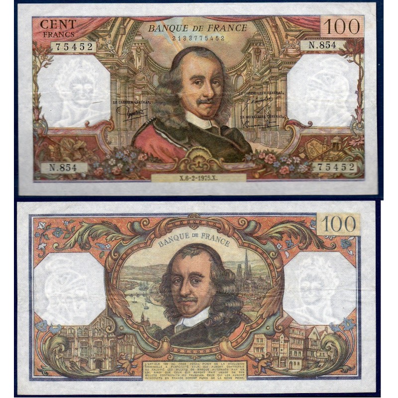 100 Francs Corneille TTB+  6.2.1975 Billet de la banque de France