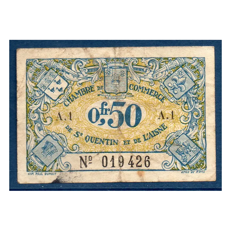 Saint Quentin 50 centimes, TB, ND Pirot 116.1 Billet de la chambre de commerce Saint Quentin 50 centimes, TB, ND Pirot 116.1 Billet de la chambre de commerce