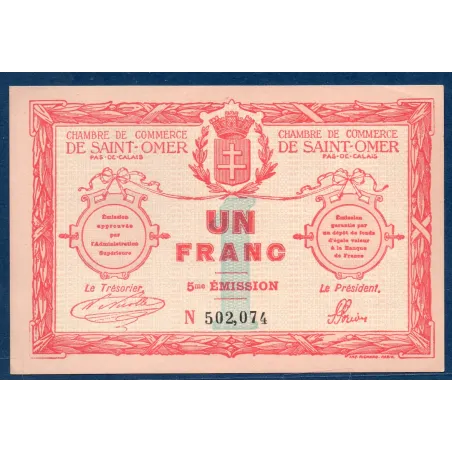 Saint Omer 1 franc, Spl, 14.8.1914 Pirot 115.10 Billet de la chambre de commerce