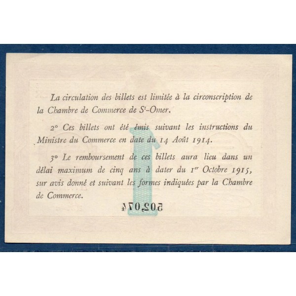Saint Omer 1 franc, Spl, 14.8.1914 Pirot 115.10 Billet de la chambre de commerce