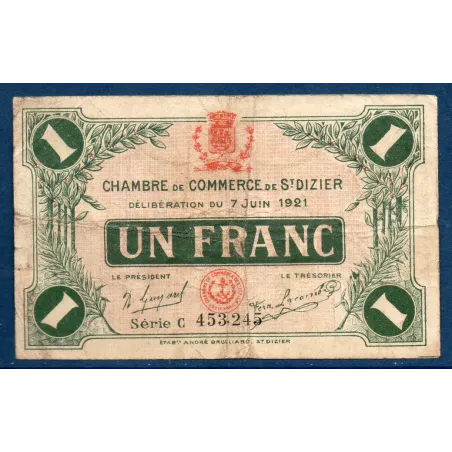 Saint Dizier 1 franc, TB-, 7.6.1921 Pirot 113.22 Billet de la chambre de commerce