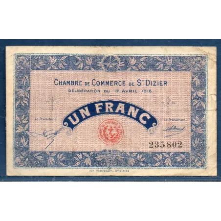 Saint Dizier 1 franc, TB, 17.4.1916 Pirot 113.12 Billet de la chambre de commerce