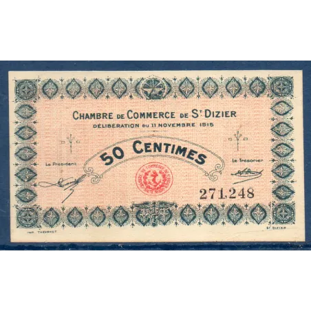 Saint Dizier 50 centimes, Neuf, 11.11.1915 Pirot 113.1 Billet de la chambre de commerce