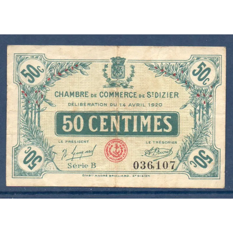 Saint Dizier 50 centimes, TB, 14.4.1920 Pirot 113.17 Billet de la chambre de commerce Saint Dizier 50 centimes, TB, 14.4.1920 Pirot 113.17 Billet de la chambre de commerce