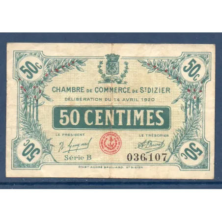 Saint Dizier 50 centimes, TB, 14.4.1920 Pirot 113.17 Billet de la chambre de commerce