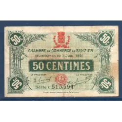 Saint Dizier 50 centimes, TB, 7.6.1921 Pirot 113.21 Billet de la chambre de commerce