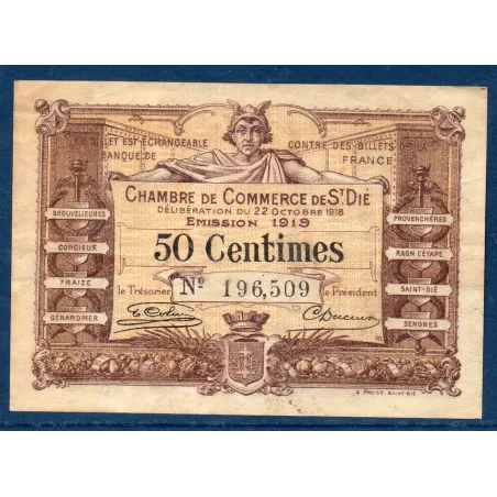 Saint Dié 50 centimes, TB, 22.10.1918 Pirot 112.12 Billet de la chambre de commerce