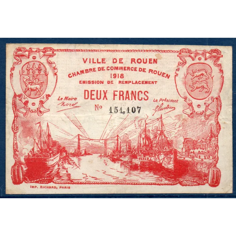 Rouen 2 francs, TB, 1918 Pirot 110.41 Billet de la chambre de commerce Rouen 2 francs, TB, 1918 Pirot 110.41 Billet de la chambre de commerce