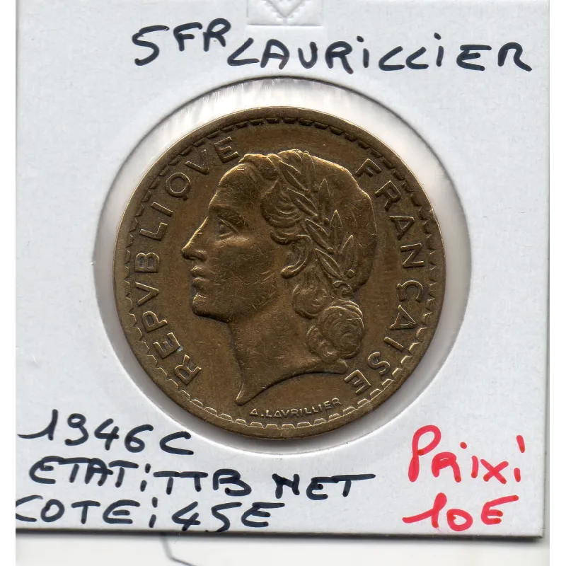 5 francs Lavrillier 1946 C Castelsarrasin TTB, France pièce de monnaie 5 francs Lavrillier 1946 C Castelsarrasin TTB, France pièce de monnaie