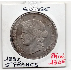 Suisse 5 francs 1892 B TTB+, KM.34 pièce de monnaie