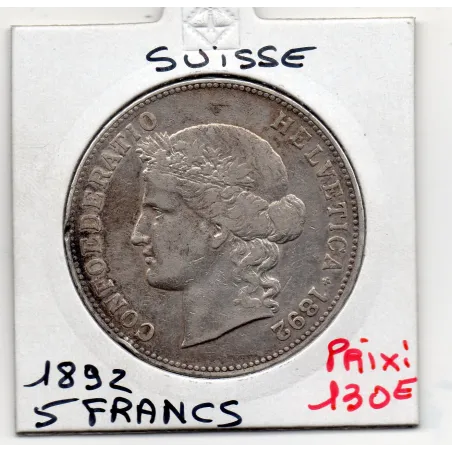 Suisse 5 francs 1892 B TTB+, KM.34 pièce de monnaie