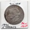 Suisse 5 francs 1892 B TTB+, KM.34 pièce de monnaie
