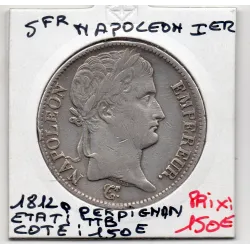 5 francs Napoléon 1er 1812 Q Perpignan TTB, France pièce de monnaie