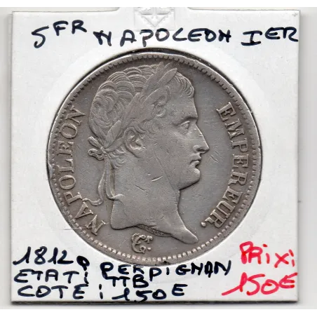 5 francs Napoléon 1er 1812 Q Perpignan TTB, France pièce de monnaie