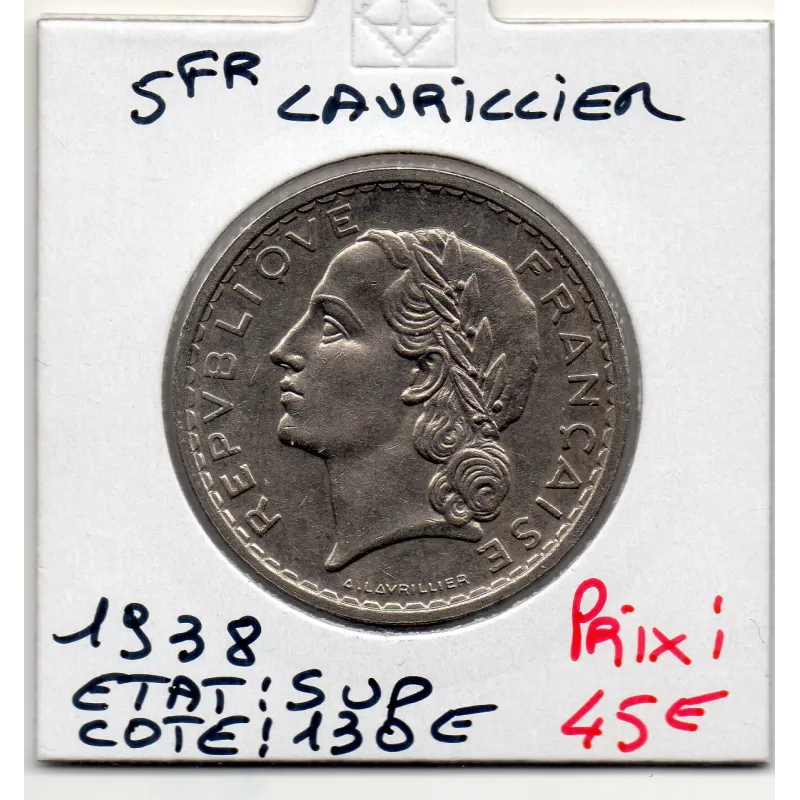 5 francs Lavrillier 1938 Sup, France pièce de monnaie 5 francs Lavrillier 1938 Sup, France pièce de monnaie