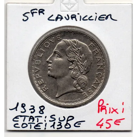 5 francs Lavrillier 1938 Sup, France pièce de monnaie