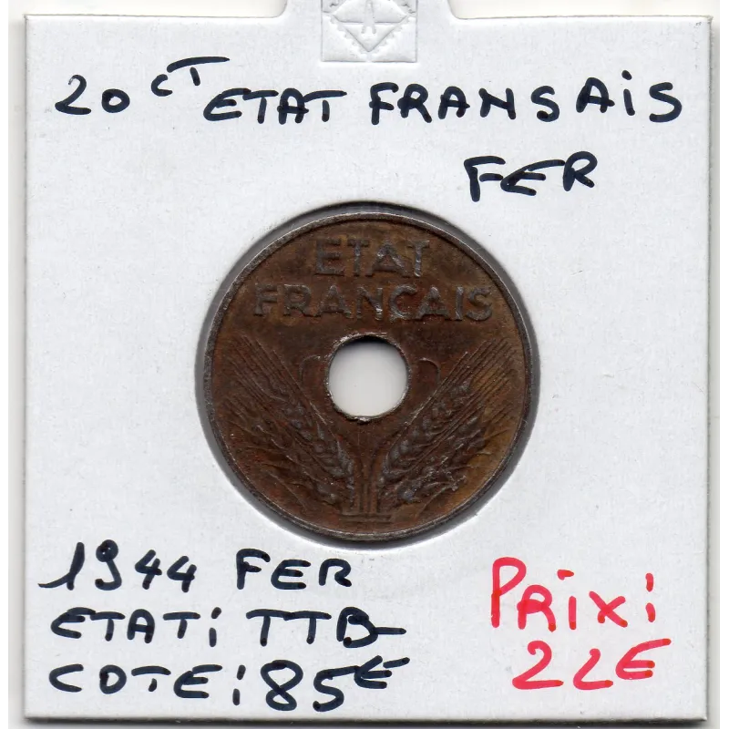 20 centimes état Français 1944 fer TTB-, France pièce de monnaie 20 centimes état Français 1944 fer TTB-, France pièce de monnaie