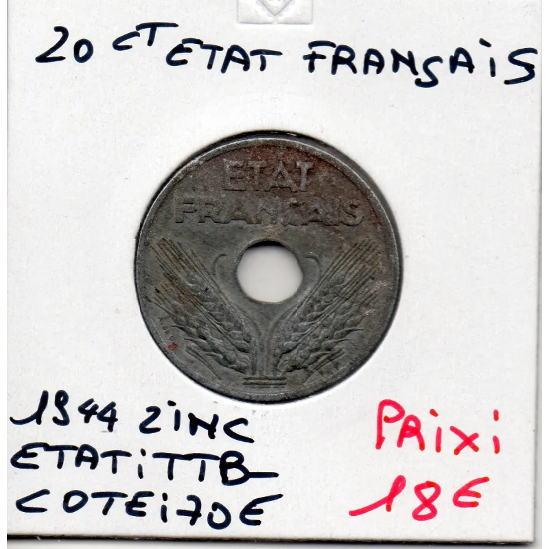 20 centimes état Français 1944 TTB-, France pièce de monnaie 20 centimes état Français 1944 TTB-, France pièce de monnaie