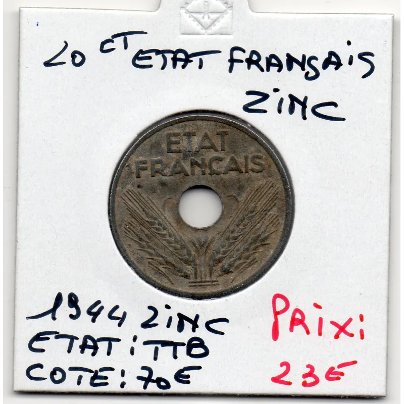 20 centimes état Français 1944 TTB, France pièce de monnaie 20 centimes état Français 1944 TTB, France pièce de monnaie