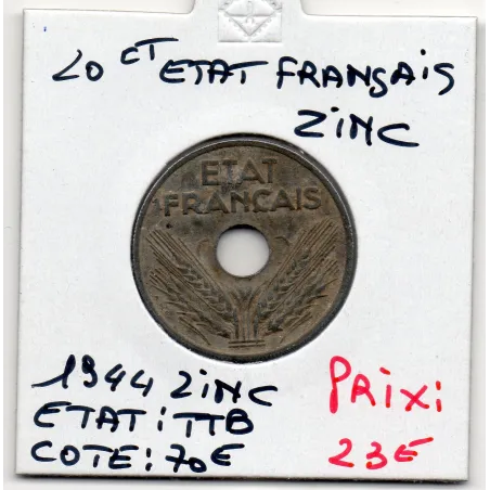 20 centimes état Français 1944 TTB, France pièce de monnaie