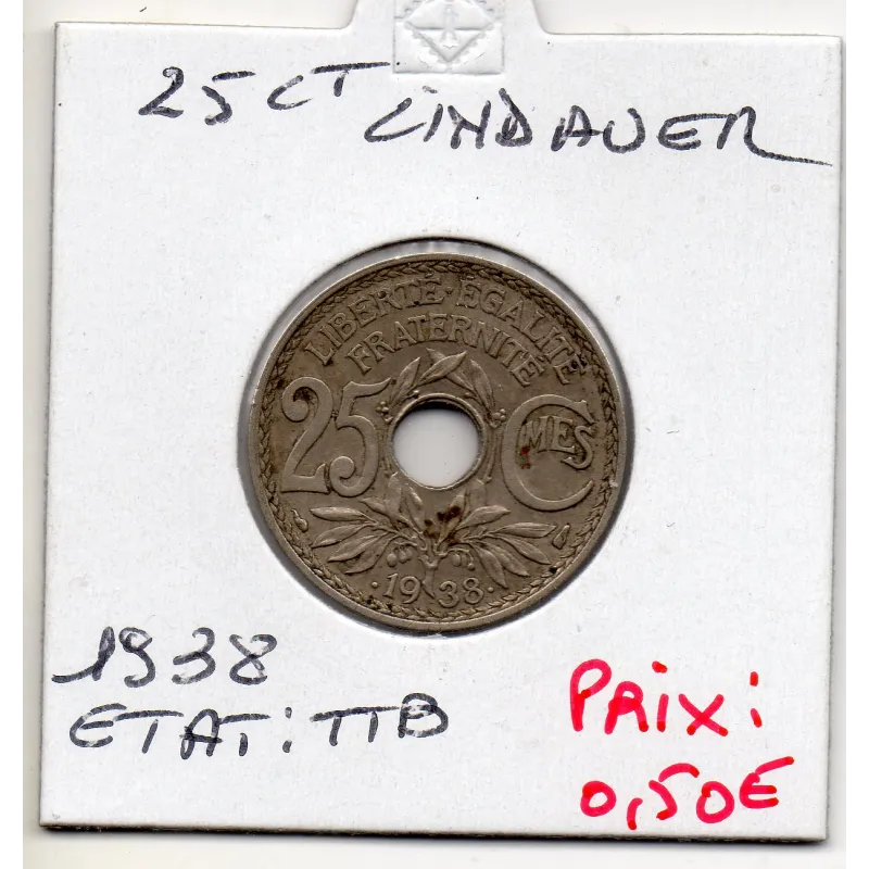 25 centimes Lindauer .1938. TTB, France pièce de monnaie 25 centimes Lindauer .1938. TTB, France pièce de monnaie