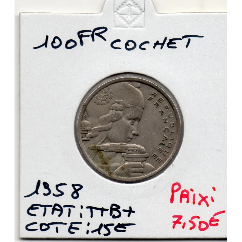 100 francs Cochet 1958 TTB+, France pièce de monnaie 100 francs Cochet 1958 TTB+, France pièce de monnaie