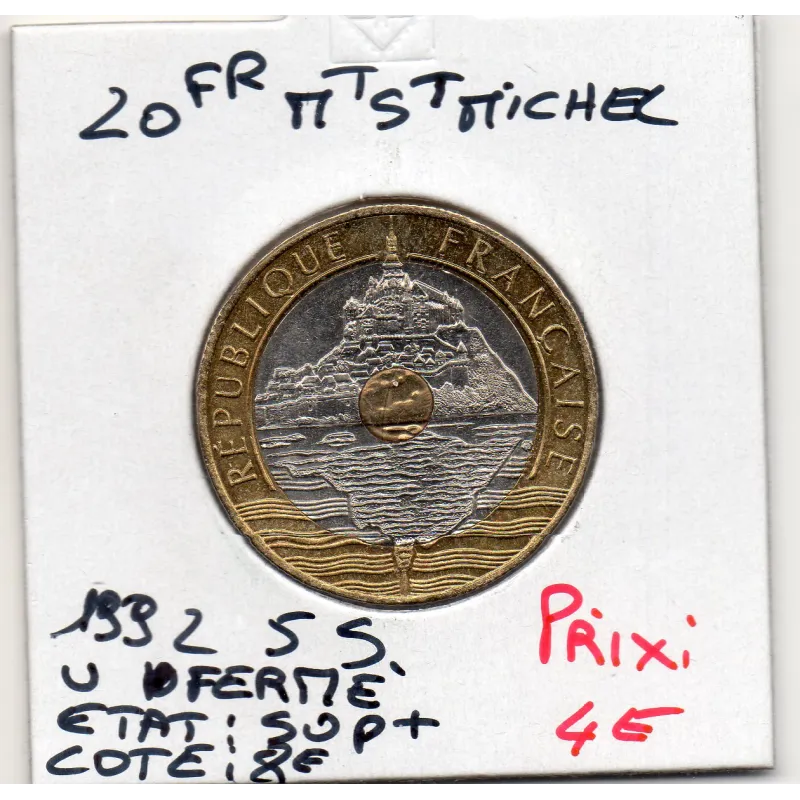 20 francs Mont St Michel 1992 V fermé 5 cannelures Sup+, France pièce de monnaie 20 francs Mont St Michel 1992 V fermé 5 cannelures Sup+, France pièce de monnaie
