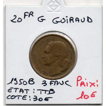 20 francs Coq G. Guiraud 3 faucilles 1950 B Beaumont Sup+, France pièce de monnaie