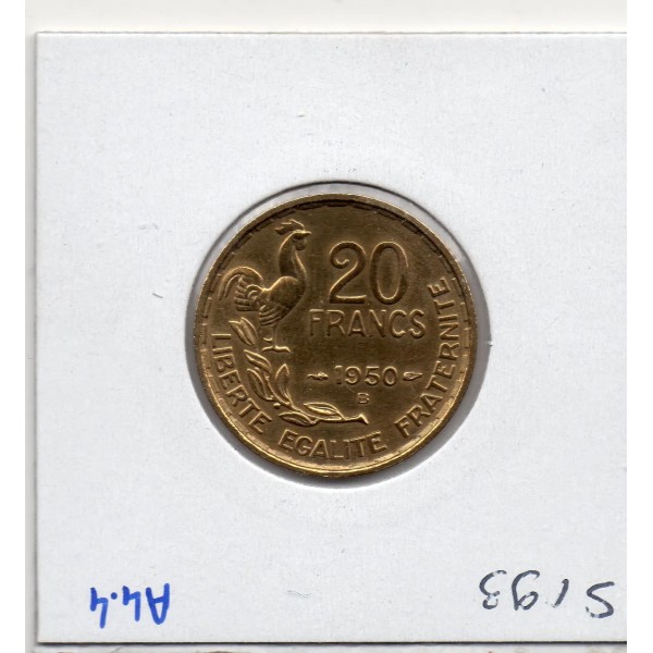 20 francs Coq G. Guiraud 3 faucilles 1950 B Beaumont Sup+, France pièce de monnaie
