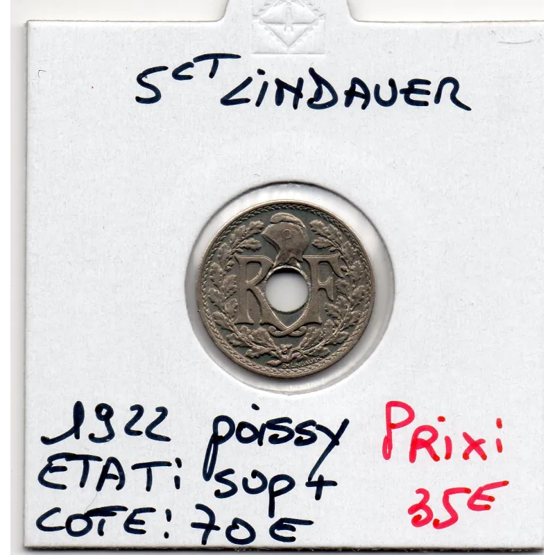 5 centimes Lindauer 1922 poissy Sup+, France pièce de monnaie 5 centimes Lindauer 1922 poissy Sup+, France pièce de monnaie