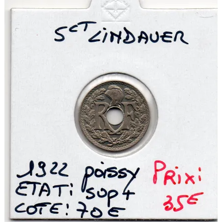 5 centimes Lindauer 1922 poissy Sup+, France pièce de monnaie