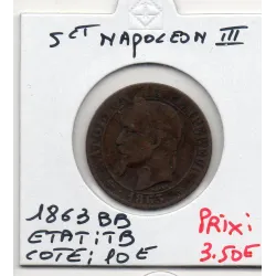 5 centimes Napoléon III tête laurée 1863 BB Paris TB, France pièce de monnaie