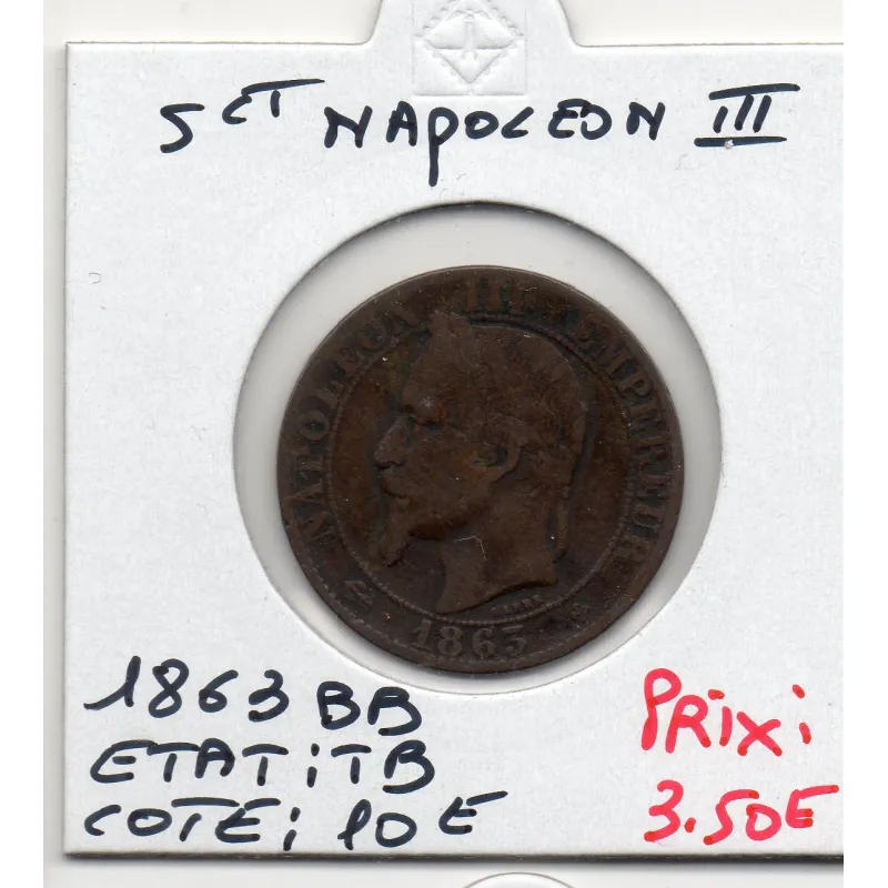5 centimes Napoléon III tête laurée 1863 BB Paris TB, France pièce de monnaie 5 centimes Napoléon III tête laurée 1863 BB Paris TB, France pièce de monnaie