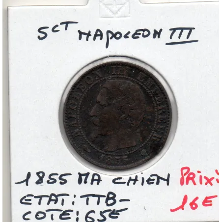 5 centimes Napoléon III tête nue 1855 MA chien Marseille TTB-, France pièce de monnaie