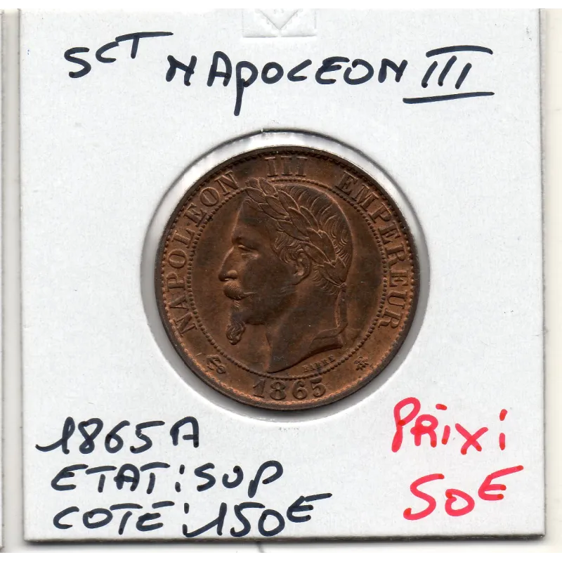 5 centimes Napoléon III tête laurée 1865 A Paris Sup, France pièce de monnaie 5 centimes Napoléon III tête laurée 1865 A Paris Sup, France pièce de monnaie