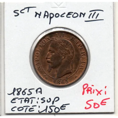5 centimes Napoléon III tête laurée 1865 A Paris Sup, France pièce de monnaie