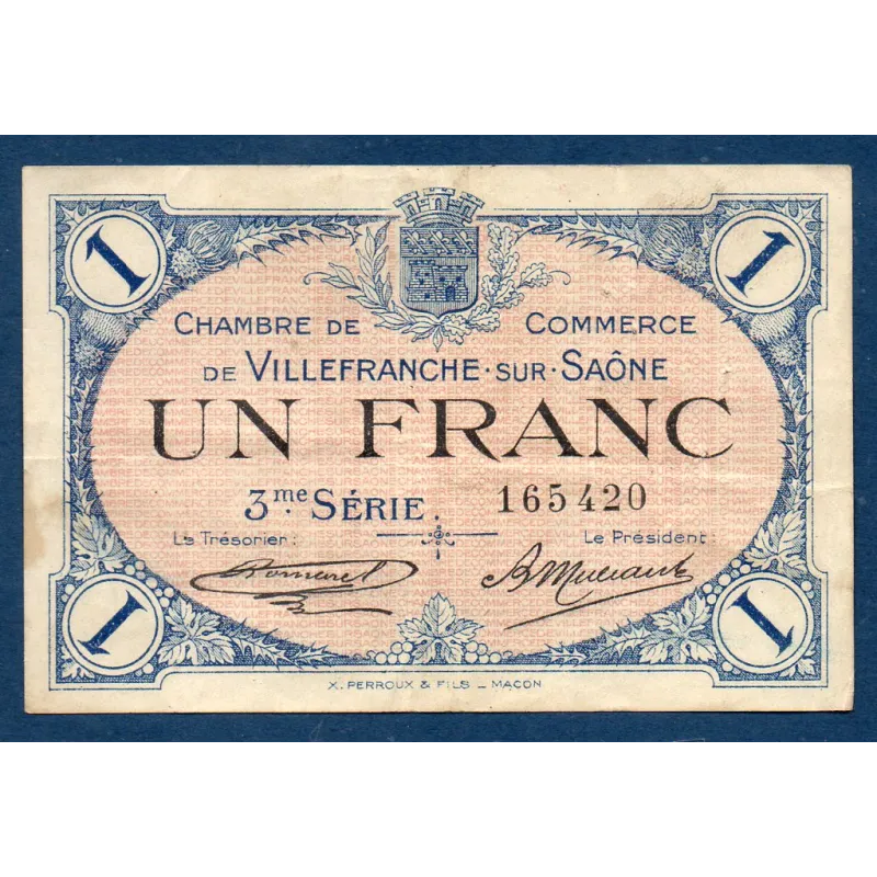 Villefranche s/ Saône 1 franc, TB, 30.4.1920 Pirot 129.13 Billet de la chambre de commerce