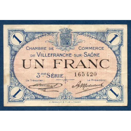 Villefranche s/ Saône 1 franc, TB, 30.4.1920 Pirot 129.13 Billet de la chambre de commerce