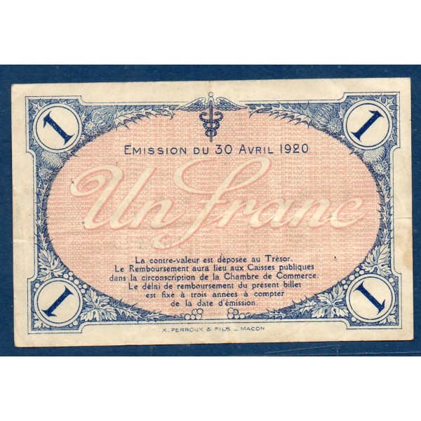 Villefranche s/ Saône 1 franc, TB, 30.4.1920 Pirot 129.13 Billet de la chambre de commerce